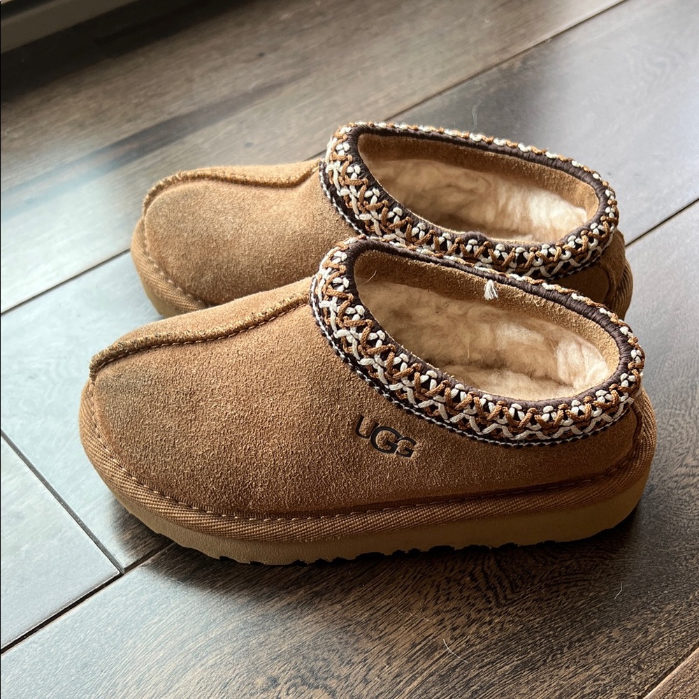 UGG Tan Suede Slip-Ons with Patterned Trim